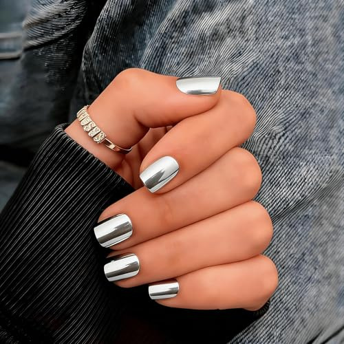SXVME Chrome Press on Nails Short Square, Metallic Sliver False Nails with a Sparkle Mirror Finish, Glitter Fake Nails for Women, Salon Quality, Stick on Nail Press ons Short Coffin 30 Pcs