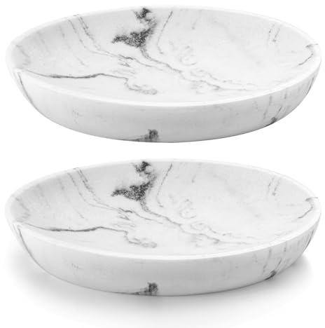 Luxspire Soap Dish, Oval Resin DIsh for bathroom, Gravel White, 2 Pack | Marble Pattern Design, Multi-Purpose Holder, For Bar Soap, Sponges & Scrubbers, Ideal for bathroom vanity or kitchen sink,