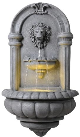 Teamson Home 81 cm Lion Head Wall-Mounted Outdoor Fountain with Stone-Effect Finish, Integrated Led Lighting and Decorative Classical Design, Natural Stone