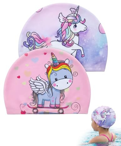 VAEIOPR Cuffia da Nuoto Bambina 2 Pz, Cappello Piscina Cartoon Confortevole, Taglia Universale 2-12 Anni Ideale per Lezioni Acquatiche e Salute Capelli