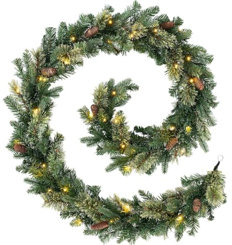 WeRChristmas Pre Lit Natural Pine Christmas Garland with 40 Chasing Warm LED Lights, Multi-Colour, 9 feet/2.7m