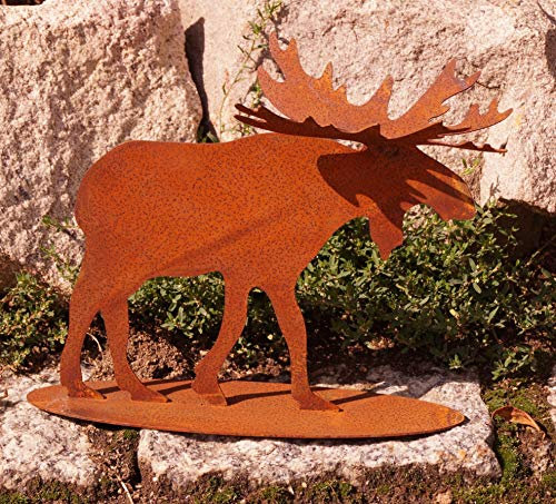Rostalgie Edelrost Elch mit 3D Geweih klein auf Bodenplatte 23x19cm Garten Deko