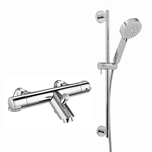 ENKI, Dune, BBT0155, Chrome, Thermostatic Deck Mounted Bath Shower Mixer Valve with Shower Head, Hose & Rail, Solid Brass, Anti-Scald Device, Temperature Control, Modern, 1-Year Guarantee