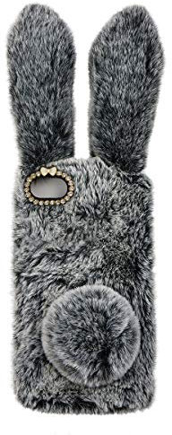 Mikikit Dunkelgrau Plüsch Hase Pelzige Handyhülle für SE 2020/7/8, Niedliche Kuscheltier-Plüsch-Flauschige Hülle für Mädchen, stoßfest Schutzhülle Kaninchenfell für 7/8/SE2