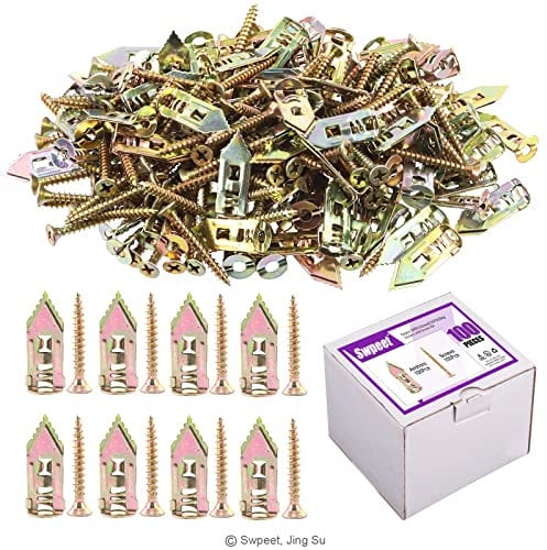 Swpeet 100 tasselli autoperforanti per cartongesso con kit di viti, senza trapano o fori nella parete, perfetti per TV, bici, scaffali, calligrafia, armadi a muro