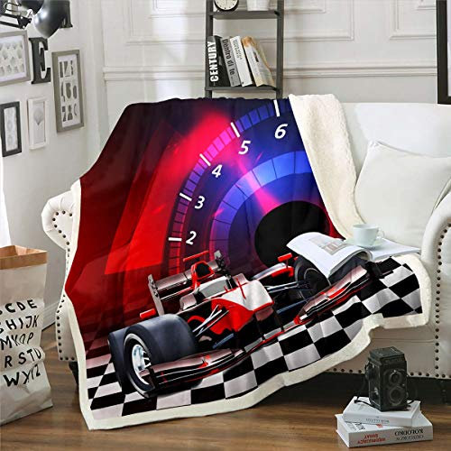 Tbrand Sportwagen Kuscheldecke 150x200cm Rennwagen Decke Rennen Thema Wohndecke Schwarz Weiß Geometrisches Gitter Automobil Gedruckt Flanell Fleecedecke Weich