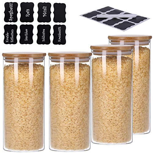 Lot de 4 boîtes de conservation en verre avec couvercle en bambou avec 8 étiquettes à craie et un stylo | récipients en verre, verre à spaghetti | hermétiques, anti-mites (4 x 1500 ml)
