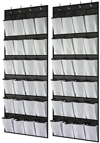 Jansuzi 2 Pack Organiser Hanging Over the Door, Shoe Racks with 48 Large Mesh Pockets 8 Hooks, Shoe Storage, Gadget Storage for Kitchen Bedroom Bathroom Closet,Black,0.5D x 55W x 150H cm