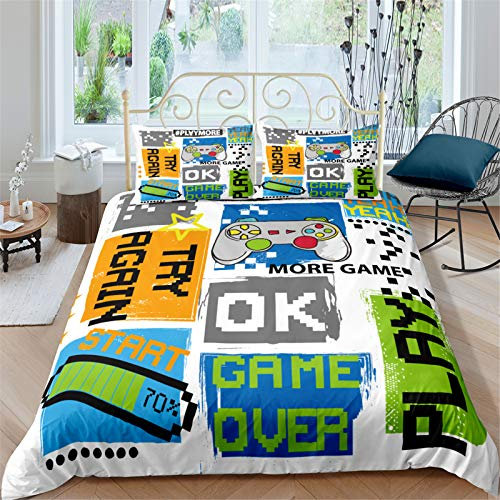 AYMAING Bettwäsche Set Gamepad Thema für Jungen Kinder Mädchen Teenager, Gamer Bettbezug Set 155x220 cm, Videospiel, Weiß Grün Gaming Action Buttons Dekor Bettwäsche