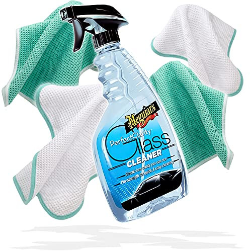 detailmate Auto Pflegeset zur Glasreinigung mit Meguiars Pure Clarity Glass Cleaner 473ml Glasreiniger + Nuke Guys See Through Mikrofaser Waffeltuch - 450GSM, 40x40cm - mint/weiß gemischt - 4er Pack