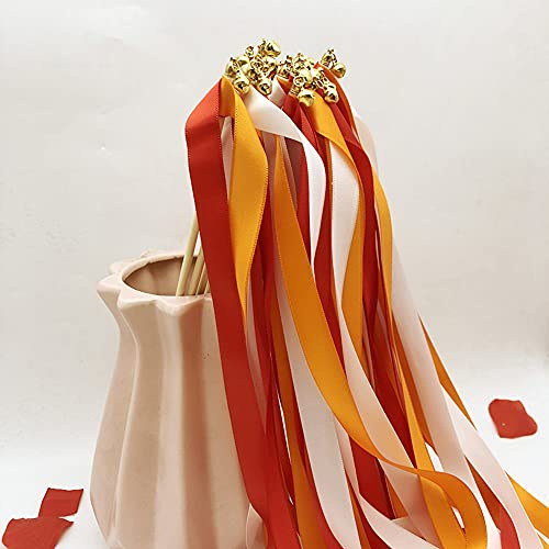Zauberstäbe mit Band Glocken,20 Stück Luftschlangen Seide Fee Stick,Wedding Twirling Streamers Ribbon Wedding Wands Stick für Hochzeit Partys Babypartys Geburtstag Urlaub Feiern Weihnachten,Rot+Orange