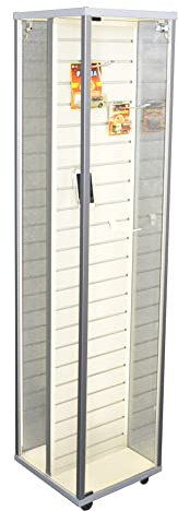 MHN Glasvitrine mit Rollen T 41,7 x B 41,7 x H 183 cm - schmale zweiseitige Alu Ausstellungs-Vitrine mit Lamellenwand abschließbar - Vitrine mit Lamellen - LED-Beleuchtung