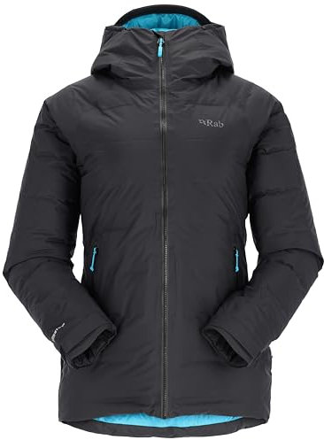 Rab Women's Valiance Jacket - Waterproof Windproof Down Coat for Climbing, Mountaineering, & Casual - Black (Aquamarine) - Large