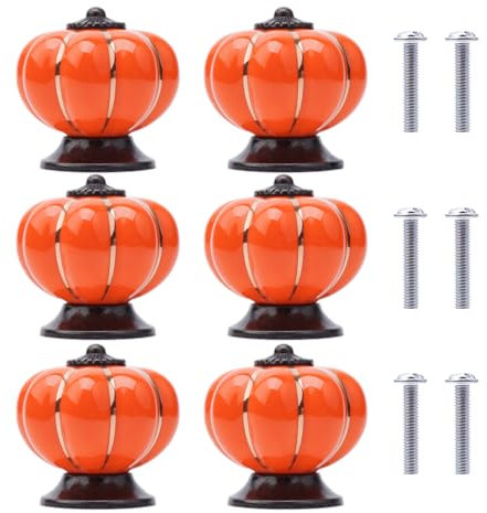 6Pcs Boutons Ceramique Tiroirs Boutons de Porte en Céramique Forme de Citrouille Bouton Poignées de Placard pour Meubles avec Vis pour Meubles, Armoires de Cuisine, Tiroirs, Commode (Orange)