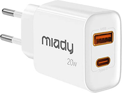 Miady 20W USB C Ladegerät, 2-Port PD Netzteil QC 3.0 Power Adapter Stecker kompatibel mit iPhone, AirPods, iPad, Galaxy usw.