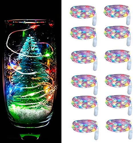 Dufuso 12 x 20er LED Lichterkette Batterie bunt weihnachtsbeleuchtung, Mini led lichterkette mit batterie CR2032, 2M Kupfer Drahtlichterkette Wasserdichte-Bunte-zum Party Hochzeit Ostern Garten