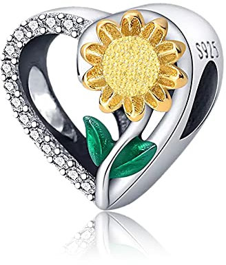 Amuefer Cuore Girasole Charm Compatibili Bracciale Collana, Argento Sterling Ciondolo Natale Gioielli Regali per le Donne Ragazza Moglie Bambini Amici