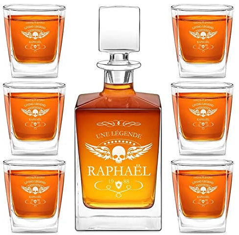 Maverton Set Whisky personnalisable - Ensemble de Carafe en verre de 810 ml et 6 verres de 250 ml pour lui - meilleur copain - Service Whiskey pour papa - Cadeau anniversaire homme - Légende