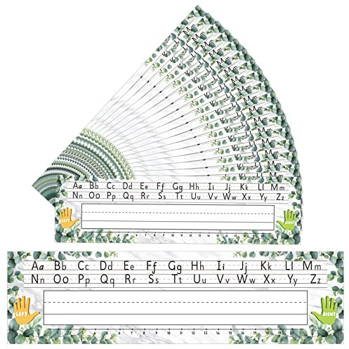 36 Etiquetas de Nombre de Escritorio, Placas de Nombre Autoadhesivas para el Aula, Etiquetas Nombre Escuela de Manuscrito Tradicional Números Alfabeto Suministros Escolares (Estilo Verde)