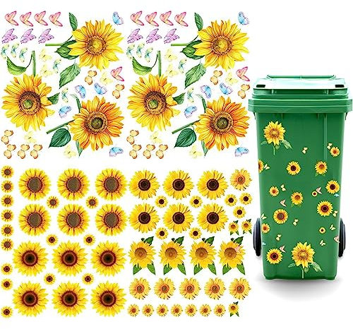 Autocollants de Poubelle à Roulettes, 4 Feuilles Autocollants de Fleur de Poubelle à Roulettes Autocollant Etanche Autocollants Pour Poubelles Roulettes Poubelle Tournesol Autocollant