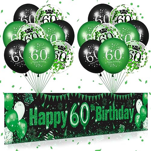 Grün Schwarz 60. Geburtstag Dekorationen für Männer und Frauen - 18 Stück Luftballons und Herzlichen Glückwunsch Banner für Jubiläum Partyzubehör