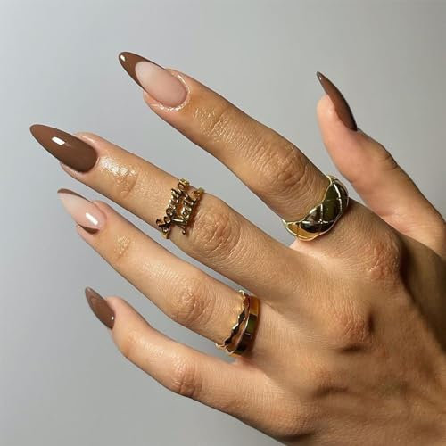 24pcs Brown French Tip False Nails Medium Almond Stick on Nails Nude Press on Nails Removable Glue-on Nails Full Cover Fake Nails Women Girls Nail Art Accessories