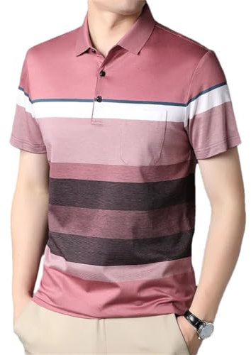 Short Sleeve Silk Mens Polo Shirts Business Casual Striped Summer Male Tops Loose Silky Man Tees Red