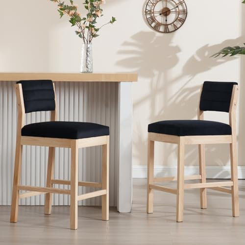 Wahson 2X Sillas de Bar Tapizado en Terciopelo Taburetes Maderas Cocina con Respaldo,Sillas Altas de Mostrador Desayuno Bar sin Reposabrazos para Isla de Cocina/Restaurante, Negro
