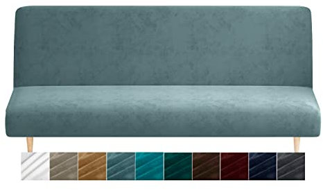 CHELZEN Samt Futon Abdeckung High Stretch Armless Couch Bezüge Spandex Stoff Sofa Bett Slipcover Anti Rutsch Möbel Schutz mit elastischer Boden Maschine Waschbar (Staubiges Blau)