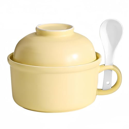 Dowbom Bol à nouilles de couleur unie avec couvercle, bol avec poignée, tasse à soupe avec couvercle, bol à soupe pour micro-ondes (jaune, 652 g)