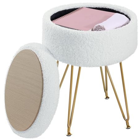 ABHENG Storage Ottoman Round Footrest Stool, Vanity Stool Chair Faux Teddy Fur with Storage, Modern Multifunctional Chairs, 32 x 32 x 44 cm, Cream White ASND51W