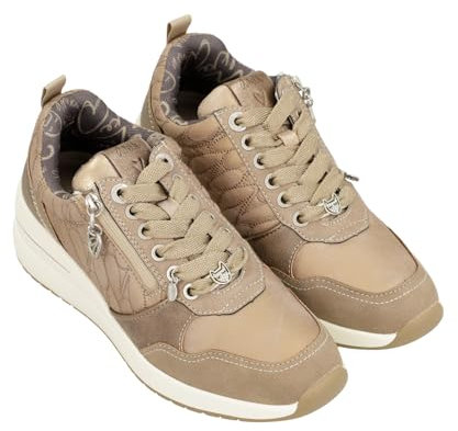 Sneakers con zeppa esterna da donna, colore marrone nudo, con cerniera laterale e dettagli ricamati, marrone, 38 EU
