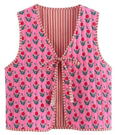 Veste Sans Manches À Motif Floral Pour Femme Avec Lien À Nouer À L'avant Vintage Tops Cardigan Gilet Tendance Veste(Rose,M)