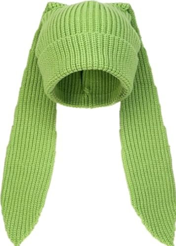 YEKEYI Lustige Mütze mit langen Ohren, Strickmütze, niedlicher Hase, Wintermütze, warm, gestrickt, Kaninchen, Häkelmütze, grün, Einheitsgröße