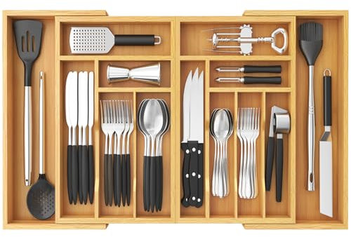 Lifewit Grand Range Couverts Extensible de 53,3 jusqu'à 91,4 cm de Large, Rangement Couvert Tiroir Cuisine, Organisateur en Bambou pour Couverts, Cuillères, Fourchettes, Couteaux, Naturel