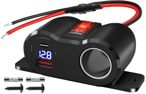 120 W QC3.0 & PD3.0 Steckdosen-Splitter mit LED-Voltmeter/Wippe, 12 V Kfz-Ladegerät, Netzadapter, Ersatzstecker für Wohnmobil, Boot, Motorrad, LKW, ATV, UTV, Van (3 x 10 A Sicherung)