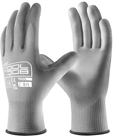 COOLJOB 12 Pairs Safety Work Gloves Pack Bulk with Grip PU Coating, 13 Gauge Seamless Knit Gloves with Polyurethane Dipped for Warehouse Working, Breathable Lightweight for Men Women, （Grey, Large）