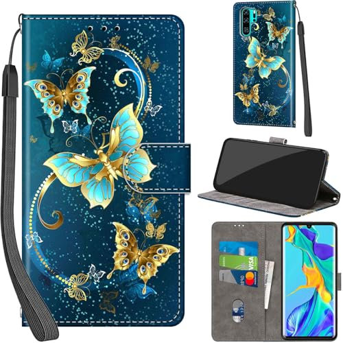 Handyhülle für Huawei P30 Pro Hüllen Premium Leder Case Klappbar Wallet Magnet Kartenfach Standfunktion Schutzhülle kompatibel mit Huawei P30 Pro Cover,Grüner Schmetterling