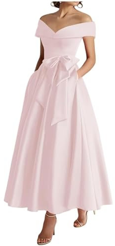 KURFACE Robe de bal en satin à épaules dénudées pour femme Longueur thé Robe de soirée formelle, rose, 44