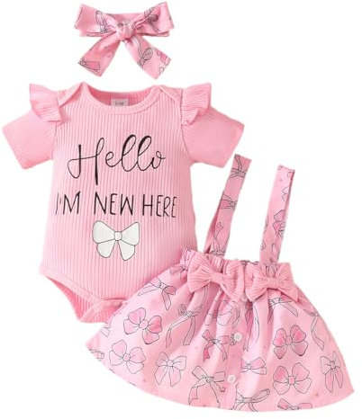 LUVCES Neonata Gonne Set Maniche Corte con Volant Pagliaccetto Top + Tuta Stampata Abito con Bretelle +Fascia per Capelli Set di Abiti Estivi Completo Rosa hello 6-12 Mesi