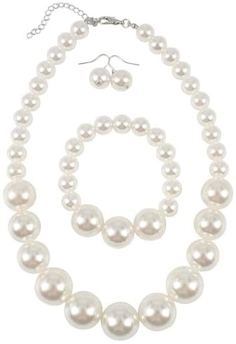 TPZORJX perlenkette damen,Große Perlen Schmuck Set Nachgemachte Perlenkette Armband Ohrstecker Damen Halskette perlenkette fasching Statement Perlenarmband Perlen Ohrringen für Hochzeit Events Party