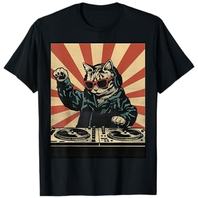 Retro DJ Cat Disco Sound Tech Kopfhörer Musik Plattenspieler T-Shirt