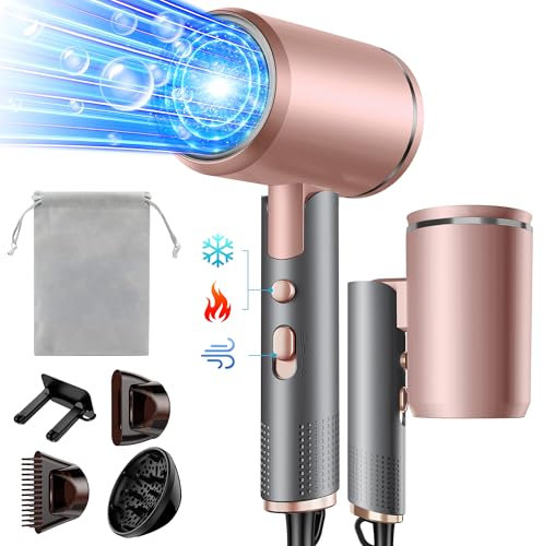Luckice Föhn AC Motor 2400W Klappbar Ionen Haartrockner,Profi Fön Reisefön mit Heiß-/Kalttaste, 3 Heiz, Schnelltrocknen Hair Dryer,Salon Haarföhn mit Diffusor & Aufbewahrungstasche (Grau-rosa)