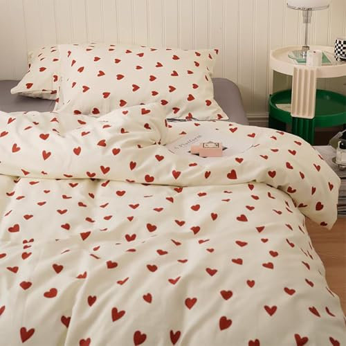Michorinee Herzen Bettwäsche 200x200 Weiß mit Rot Herzchen Aesthetic Bettwäsche-Sets mit Reißverschluss Öko-Tex Zertifiziert Mikrofaser Bettbezug und 2 Kissenbezug 80x80 cm