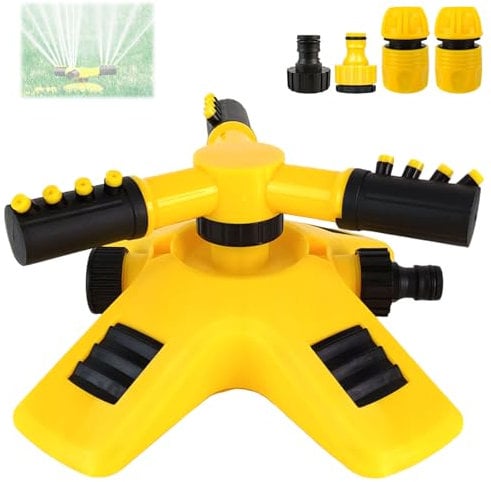 Audasi Garden Sprinkler,360 Degree Rotating Durable 3 Arms Adjustable Water Sprinkler 2 Spray Patterns Watering Equipment with 1/2 3/4 Hose Connector for for Garden & Large Yards Plus 176 m²