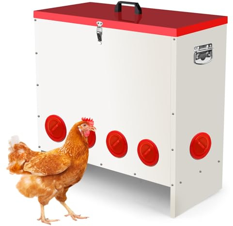 Futterautomat für Hühner 45.2 kg, Großvolumiger Hühnerfutter Automat mit 10 Futterstellen, Reduziert Futterverlust, für Hühner, Enten und Gänse