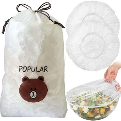 300 Films alimentaires avec élastique, housses élastiques pour pâte, sachets réutilisables en plastique, sachets hermétiques pour fermentation de la pâte, bonnet de douche (L-blanc)