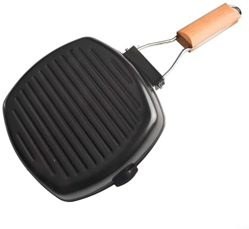 Cast Iron Nonstick Grill Pan with Folding Handle for All Heat Sources, Perfect for Grilling Meats, Fish, and Vegetables