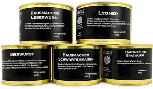 Hausmacher Premium Wurst Set, 5 Verschiedene Sorten, Leberwurst, Lyoner, Bierwurst, Schwartenmagen, Bratwurst, 400g Dosen, Traditionelle Deutsche Feinkost