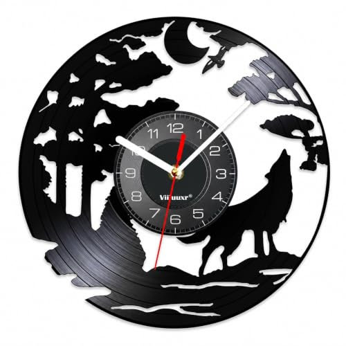 Viiluuxr Vinyl Schallplatten Uhr 30cm Wall Clock Wilder Wolf Kunsthandwerk Wanduhren ohne Tickgeräusche Draußen Garten Wildtiere Deko Weihnachts- und Geburtstagsgeschenk für einen Freund. (Schwarz)